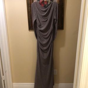 Betsey & Adam grecian faux sleeves, draped metallic, dramatic shawl v-back gown